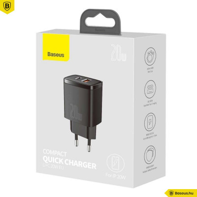 Baseus Compact hálózati töltő USB Type-C / USB-A 20W 3A QC3.0 - Fekete Baseus Compact hálózati töltő USB Type-C / USB-A 20W 3A QC3.0 - Fekete