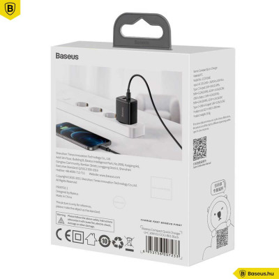 Baseus Compact hálózati töltő USB Type-C / USB-A 20W 3A QC3.0 - Fekete Baseus Compact hálózati töltő USB Type-C / USB-A 20W 3A QC3.0 - Fekete