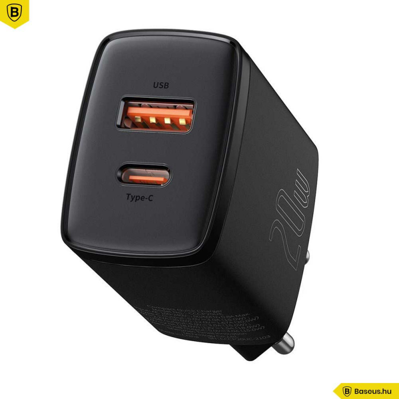 Baseus Compact hálózati töltő USB Type-C / USB-A 20W 3A QC3.0 - Fekete Baseus Compact hálózati töltő USB Type-C / USB-A 20W 3A QC3.0 - Fekete