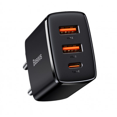 Baseus kompakt gyorstöltő, 2xUSB, USB-C, PD, 3A, 30 W, fekete Baseus kompakt gyorstöltő, 2xUSB, USB-C, PD, 3A, 30 W, fekete