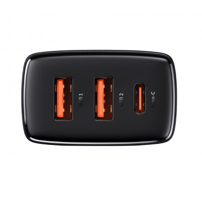 Baseus kompakt gyorstöltő, 2xUSB, USB-C, PD, 3A, 30 W, fekete Baseus kompakt gyorstöltő, 2xUSB, USB-C, PD, 3A, 30 W, fekete