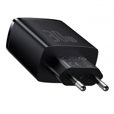 Baseus kompakt gyorstöltő, 2xUSB, USB-C, PD, 3A, 30 W, fekete Baseus kompakt gyorstöltő, 2xUSB, USB-C, PD, 3A, 30 W, fekete