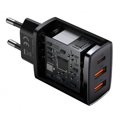 Baseus kompakt gyorstöltő, 2xUSB, USB-C, PD, 3A, 30 W, fekete Baseus kompakt gyorstöltő, 2xUSB, USB-C, PD, 3A, 30 W, fekete