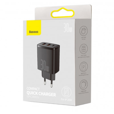 Baseus kompakt gyorstöltő, 2xUSB, USB-C, PD, 3A, 30 W, fekete Baseus kompakt gyorstöltő, 2xUSB, USB-C, PD, 3A, 30 W, fekete