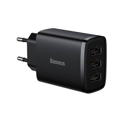 Baseus kompakt gyorstöltő, hálózati töltő, 3x USB, 17W (fekete) Baseus kompakt gyorstöltő, hálózati töltő, 3x USB, 17W (fekete)