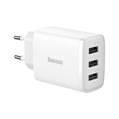 Baseus kompakt gyorstöltő, hálózati töltő, 3x USB, 17W (fehér) Baseus kompakt gyorstöltő, hálózati töltő, 3x USB, 17W (fehér)