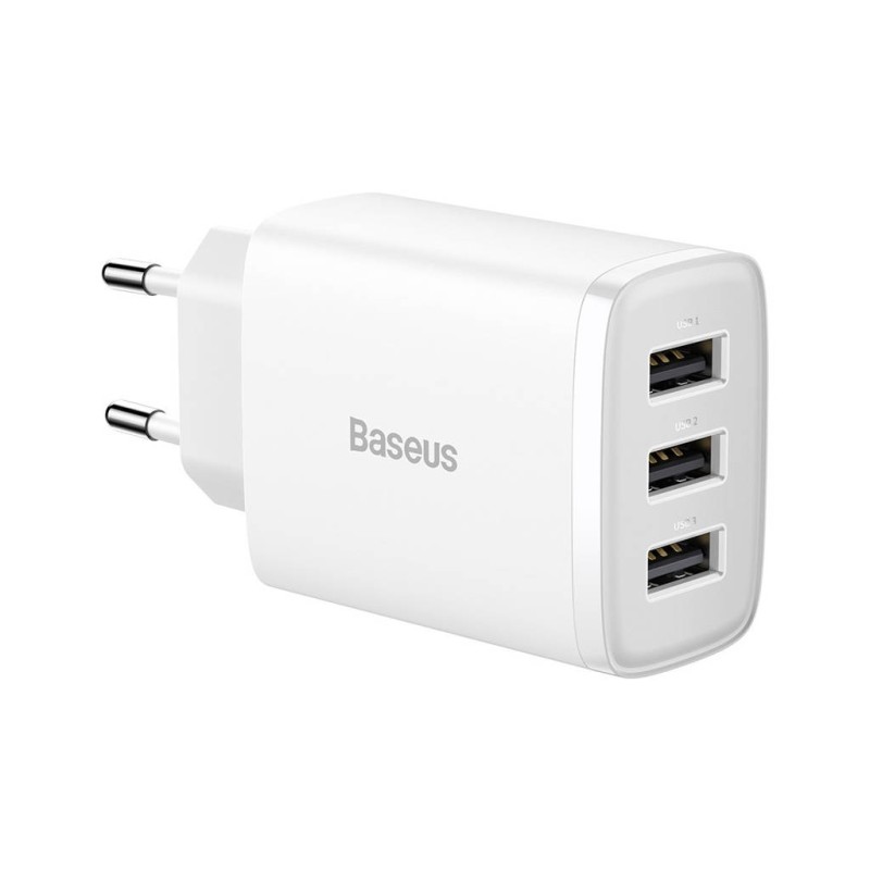 Baseus kompakt gyorstöltő, hálózati töltő, 3x USB, 17W (fehér) Baseus kompakt gyorstöltő, hálózati töltő, 3x USB, 17W (fehér)
