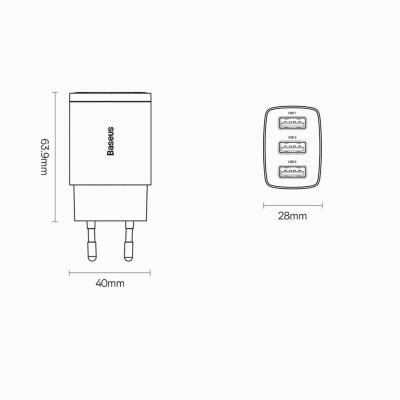 Baseus kompakt gyorstöltő, hálózati töltő, 3x USB, 17W (fehér) Baseus kompakt gyorstöltő, hálózati töltő, 3x USB, 17W (fehér)