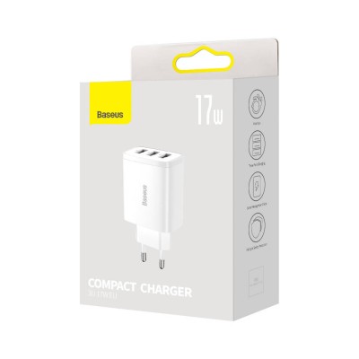 Baseus kompakt gyorstöltő, hálózati töltő, 3x USB, 17W (fehér) Baseus kompakt gyorstöltő, hálózati töltő, 3x USB, 17W (fehér)