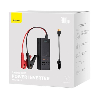 Baseus autós inverter 300W, 220V, CN / EU (fekete) Baseus autós inverter 300W, 220V, CN / EU (fekete)