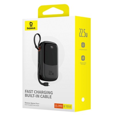 Baseus Qpow Pro+ 20000mAh 22,5W powerbank beépített USB-C kábellel és kijelzővel - fekete Baseus Qpow Pro+ 20000mAh 22,5W powerbank beépített USB-C kábellel és kijelzővel - fekete