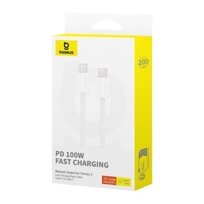 Baseus Superior 2 Series USB-C-USB-C kábel, 100 W, 2 m, fehér Baseus Superior 2 Series USB-C-USB-C kábel, 100 W, 2 m, fehér