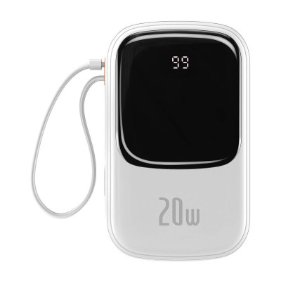 Baseus Q pow powerbank 20000mAh 20W PD 3.0 QC 3.0 USB - USB-C, integrált Lightning kábellel, fehér Baseus Q pow powerbank 20000mAh 20W PD 3.0 QC 3.0 USB - USB-C, integrált Lightning kábellel, fehér