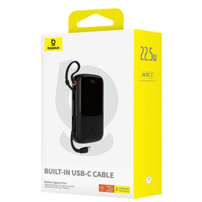 Baseus Qpow Pro+ 10000mAh 22,5W powerbank beépített USB-C kábellel és kijelzővel - fekete Baseus Qpow Pro+ 10000mAh 22,5W powerbank beépített USB-C kábellel és kijelzővel - fekete