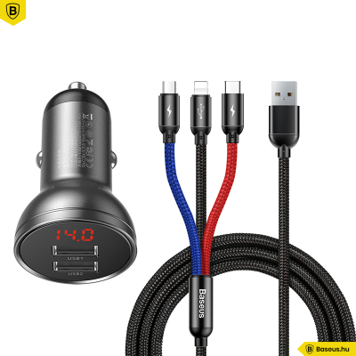 Baseus 2USB 4,8A 24W autós töltő LCD kijelzővel + 3in1 töltő kábellel Baseus 2USB 4,8A 24W autós töltő LCD kijelzővel + 3in1 töltő kábellel