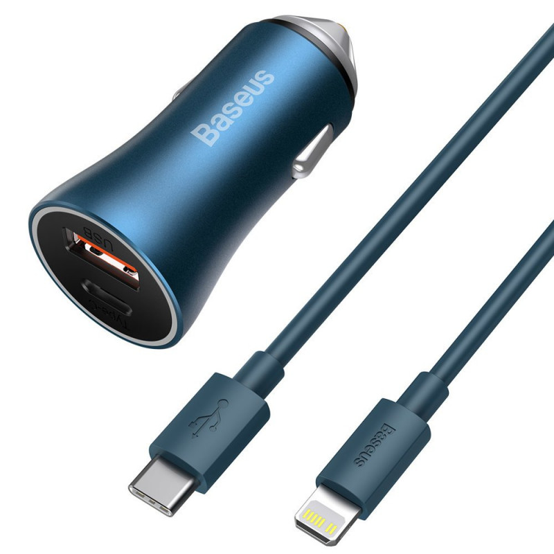 Baseus Golden Contactor Pro autós töltő, USB + USB-C, QC4.0 +, PD, SCP, 40 W, kék + USB-C - Lightning kábel 1 m, kék Baseus Golden Contactor Pro autós töltő, USB + USB-C, QC4.0 +, PD, SCP, 40 W, kék + USB-C - Lightning kábel 1 m, kék