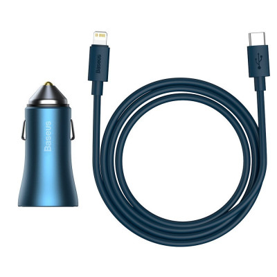 Baseus Golden Contactor Pro autós töltő, USB + USB-C, QC4.0 +, PD, SCP, 40 W, kék + USB-C - Lightning kábel 1 m, kék Baseus Golden Contactor Pro autós töltő, USB + USB-C, QC4.0 +, PD, SCP, 40 W, kék + USB-C - Lightning kábel 1 m, kék