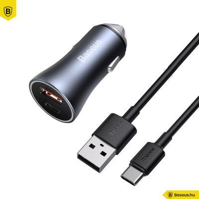 Baseus Golden Contactor Pro autós töltő, USB + USB-C, QC4.0 +, PD, SCP, 40W szürke + USB-USB-C kábel 1m - Fekete Baseus Golden Contactor Pro autós töltő, USB + USB-C, QC4.0 +, PD, SCP, 40W szürke + USB-USB-C kábel 1m - Fekete