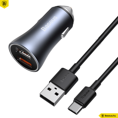 Baseus Golden gyors autós töltő 2x USB 40W SCP, FCP, AFC + USB-C kábel - szürke Baseus Golden gyors autós töltő 2x USB 40W SCP, FCP, AFC + USB-C kábel - szürke