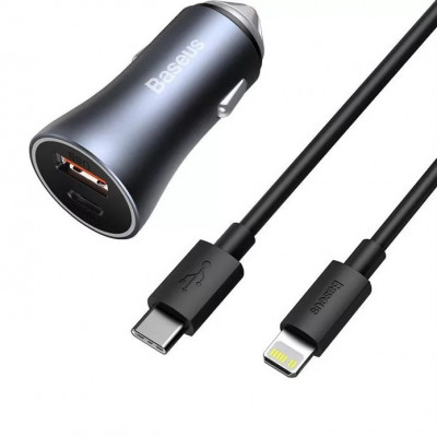 Baseus Golden Contactor Pro autós töltő, USB + USB-C, QC4.0 +, PD, SCP, 40 W, szürke + USB-C/Lighting kábel 1m,fekete Baseus Golden Contactor Pro autós töltő, USB + USB-C, QC4.0 +, PD, SCP, 40 W, szürke + USB-C/Lighting kábel 1m,fekete