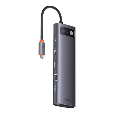 Baseus Metal Gleam hub 12 az 1-ben HDMI / DP / USB / USB-C / Mini jack 3.5 mm / RJ45 / SD / TF, szürke Baseus Metal Gleam hub 12 az 1-ben HDMI / DP / USB / USB-C / Mini jack 3.5 mm / RJ45 / SD / TF, szürke