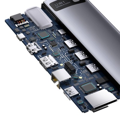 Baseus Metal Gleam hub 12 az 1-ben HDMI / DP / USB / USB-C / Mini jack 3.5 mm / RJ45 / SD / TF, szürke Baseus Metal Gleam hub 12 az 1-ben HDMI / DP / USB / USB-C / Mini jack 3.5 mm / RJ45 / SD / TF, szürke