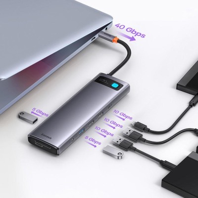 Baseus Metal Gleam hub 12 az 1-ben HDMI / DP / USB / USB-C / Mini jack 3.5 mm / RJ45 / SD / TF, szürke Baseus Metal Gleam hub 12 az 1-ben HDMI / DP / USB / USB-C / Mini jack 3.5 mm / RJ45 / SD / TF, szürke