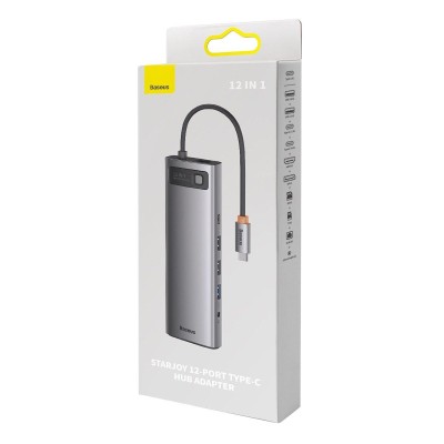 Baseus Metal Gleam hub 12 az 1-ben HDMI / DP / USB / USB-C / Mini jack 3.5 mm / RJ45 / SD / TF, szürke Baseus Metal Gleam hub 12 az 1-ben HDMI / DP / USB / USB-C / Mini jack 3.5 mm / RJ45 / SD / TF, szürke